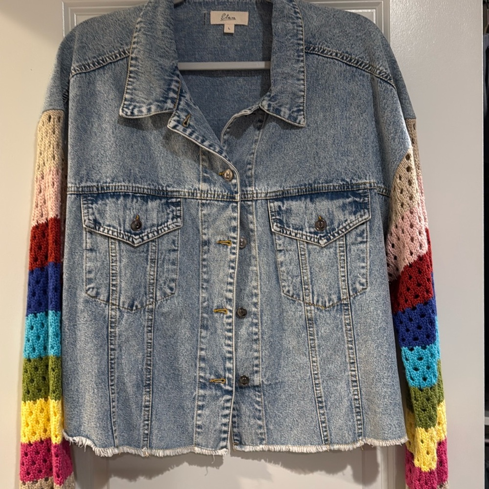 Elan Light Wash Denim Jacket with Rainbow Crochet Sleeves